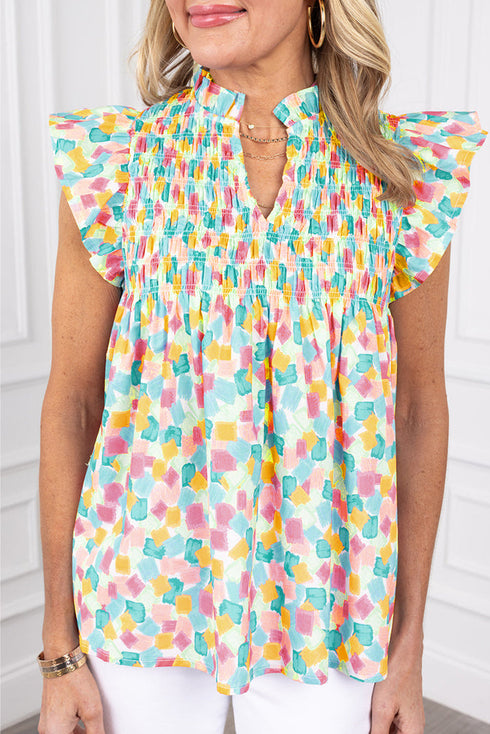 Abstract Print Shirred Yoke Ruffle Sleeve Relaxed Blouse