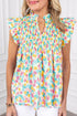 Abstract Print Shirred Yoke Ruffle Sleeve Relaxed Blouse