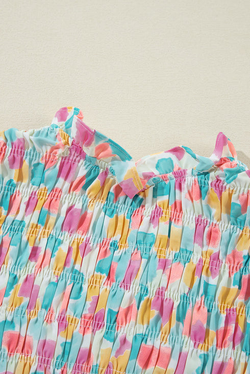 Abstract Print Shirred Yoke Ruffle Sleeve Relaxed Blouse