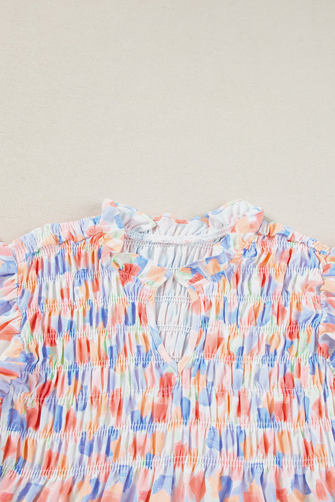 Abstract Print Shirred Yoke Ruffle Sleeve Relaxed Blouse