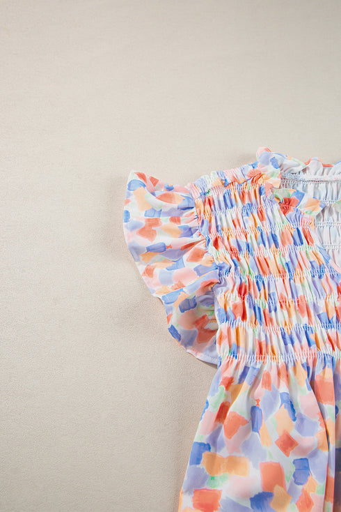 Abstract Print Shirred Yoke Ruffle Sleeve Relaxed Blouse