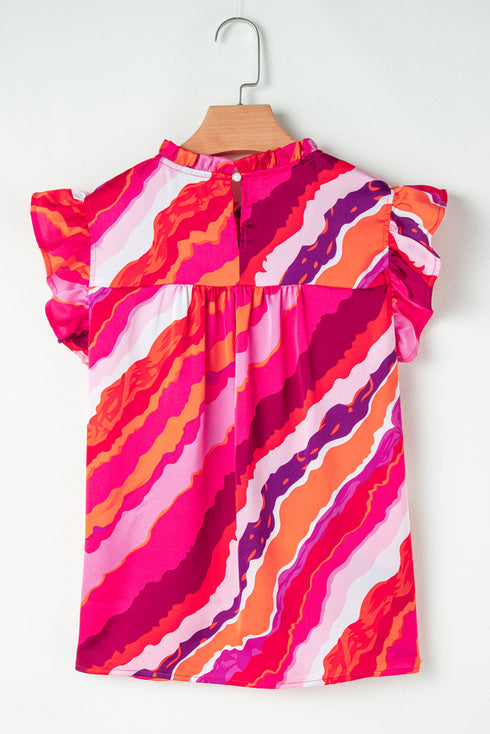 Abstract Print Shirred Yoke Ruffled Sleeve Blouse
