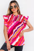 Abstract Print Shirred Yoke Ruffled Sleeve Blouse