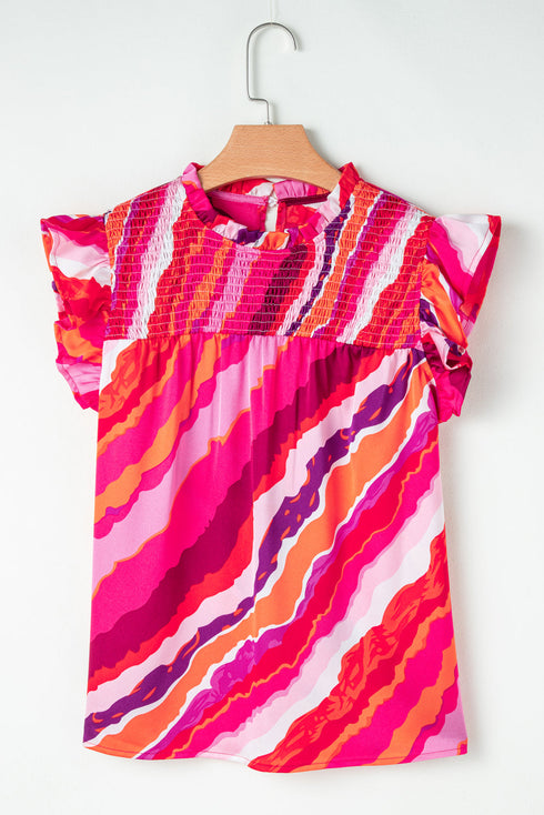 Abstract Print Shirred Yoke Ruffled Sleeve Blouse