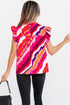 Abstract Print Shirred Yoke Ruffled Sleeve Blouse