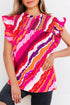 Abstract Print Shirred Yoke Ruffled Sleeve Blouse