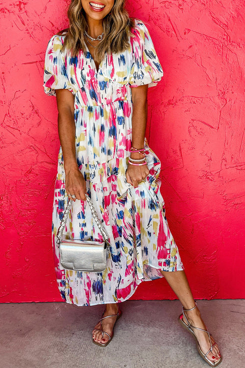 Abstract Print Short Puff Sleeve Tiered Maxi Dress
