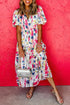 Abstract Print Short Puff Sleeve Tiered Maxi Dress