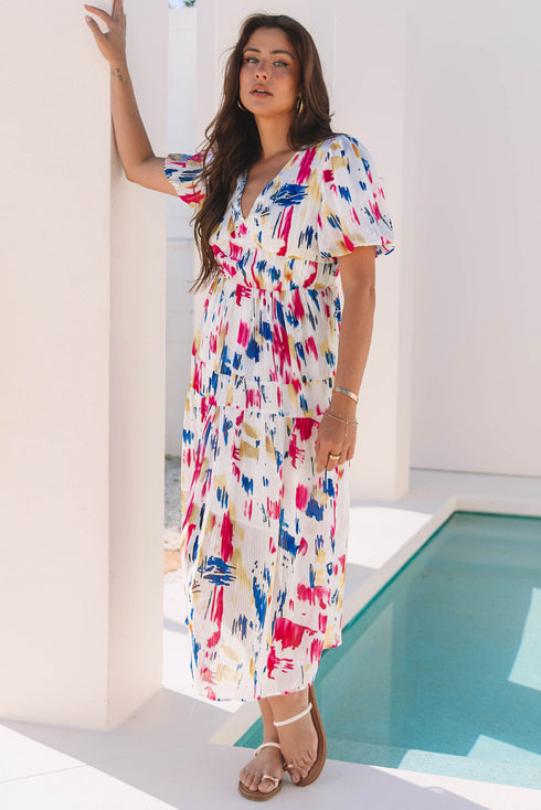 Abstract Print Short Puff Sleeve Tiered Maxi Dress