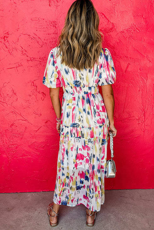Abstract Print Short Puff Sleeve Tiered Maxi Dress