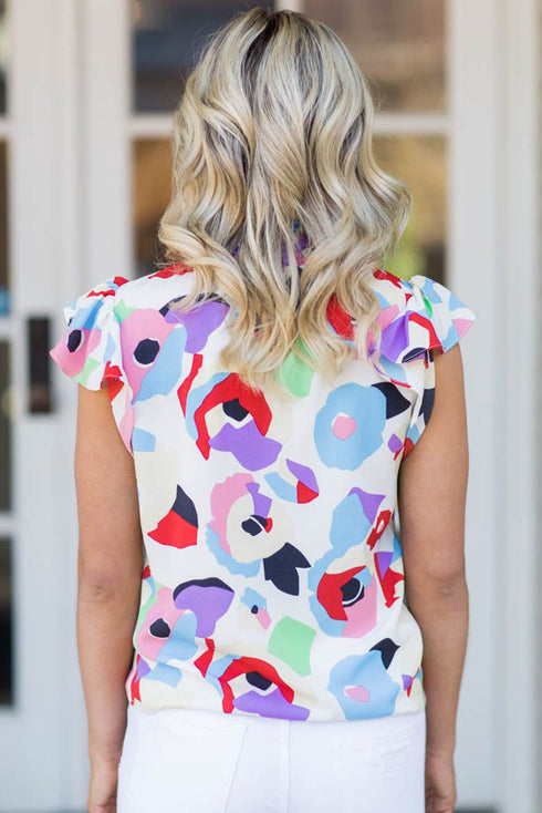 Abstract Print Smocked Bodice Ruffle Sleeve Blouse
