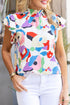 Abstract Print Smocked Bodice Ruffle Sleeve Blouse