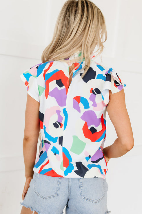 Abstract Print Smocked Bodice Ruffle Sleeve Blouse