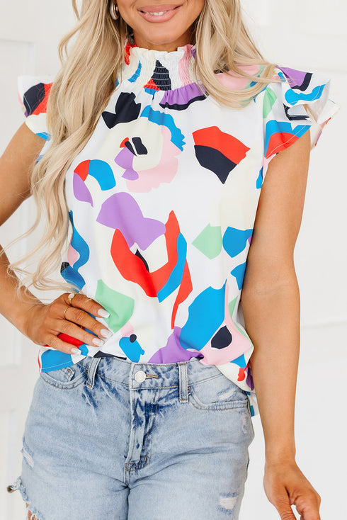 Abstract Print Smocked Bodice Ruffle Sleeve Blouse