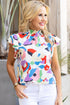 Abstract Print Smocked Bodice Ruffle Sleeve Blouse