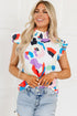 Abstract Print Smocked Bodice Ruffle Sleeve Blouse