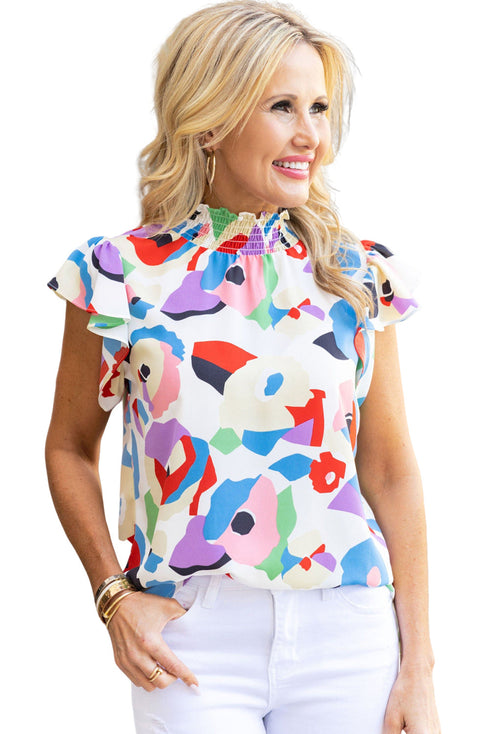 Abstract Print Smocked Bodice Ruffle Sleeve Blouse