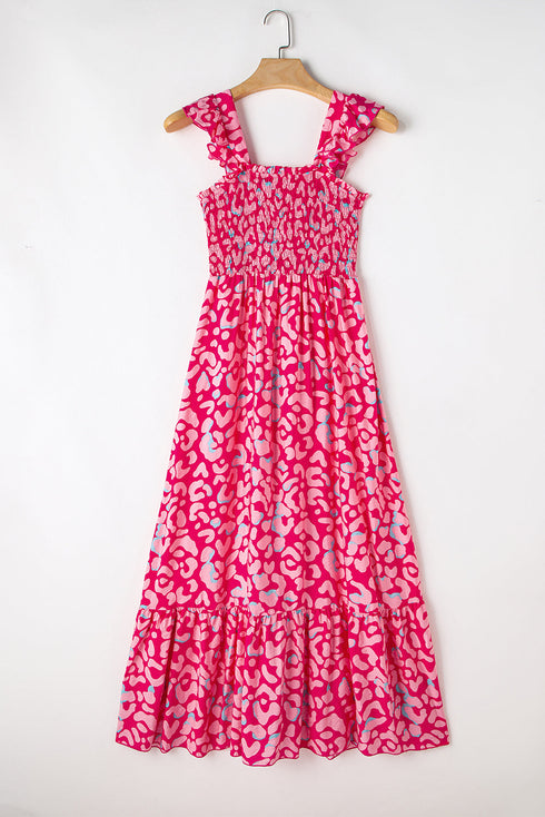 Abstract Print Smocked Ruffle Strap Tiered Maxi Dress