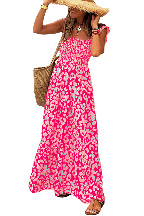Abstract Print Smocked Ruffle Strap Tiered Maxi Dress