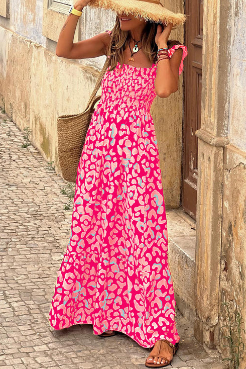 Abstract Print Smocked Ruffle Strap Tiered Maxi Dress