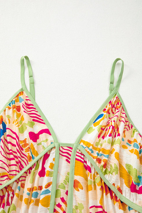 Abstract Print Spaghetti Strap Piping Detail Maxi Dres