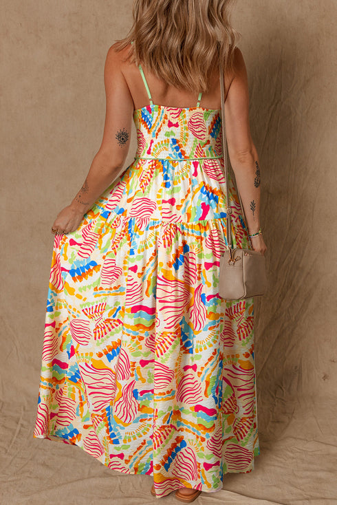 Abstract Print Spaghetti Strap Piping Detail Maxi Dres
