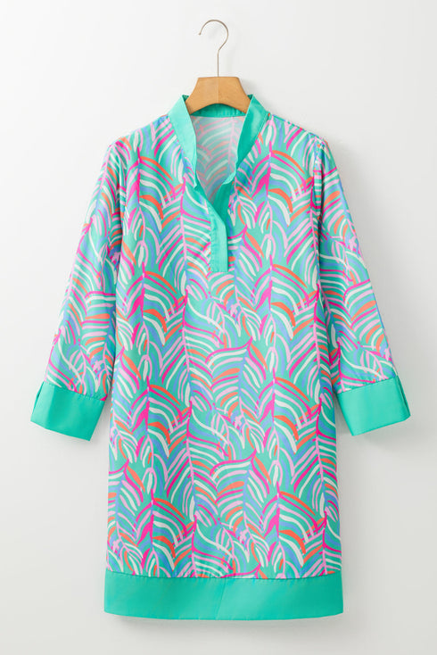 Abstract Print Split Neck Bracelet Sleeve Shift Mini Dress