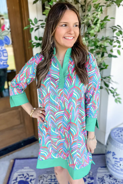 Abstract Print Split Neck Bracelet Sleeve Shift Mini Dress