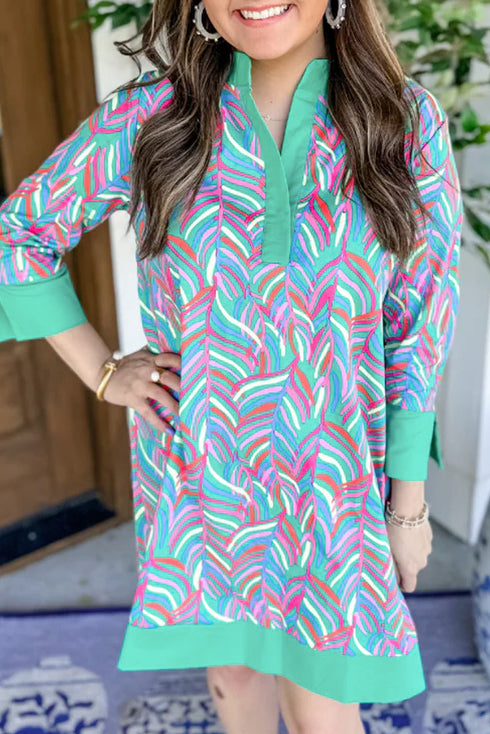 Abstract Print Split Neck Bracelet Sleeve Shift Mini Dress