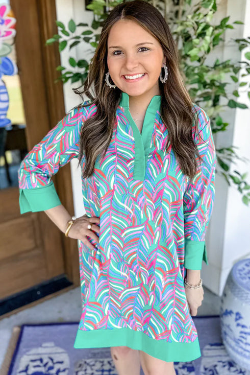 Abstract Print Split Neck Bracelet Sleeve Shift Mini Dress