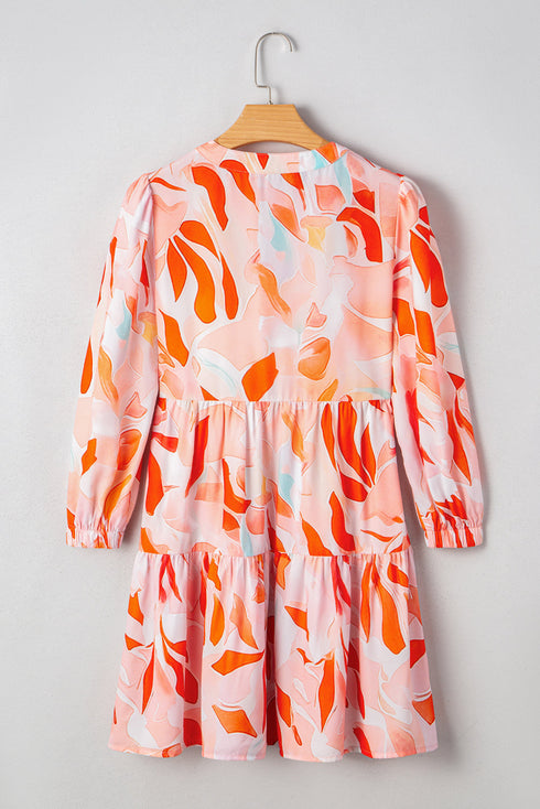 Abstract Print Split Neck Long Sleeve Mini Dress