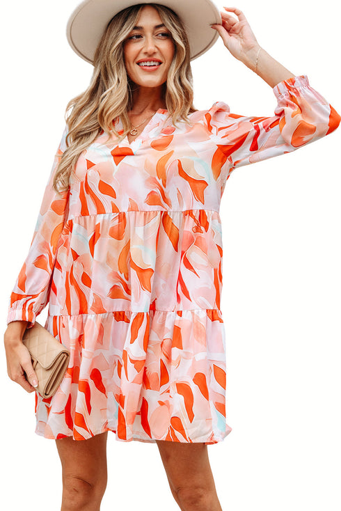 Abstract Print Split Neck Long Sleeve Mini Dress