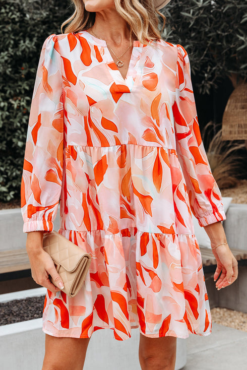 Abstract Print Split Neck Long Sleeve Mini Dress