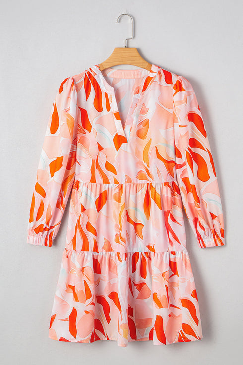 Abstract Print Split Neck Long Sleeve Mini Dress