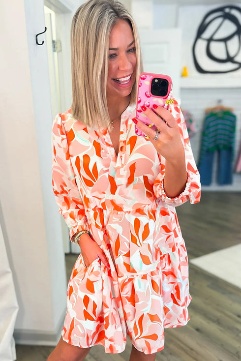 Abstract Print Split Neck Long Sleeve Mini Dress
