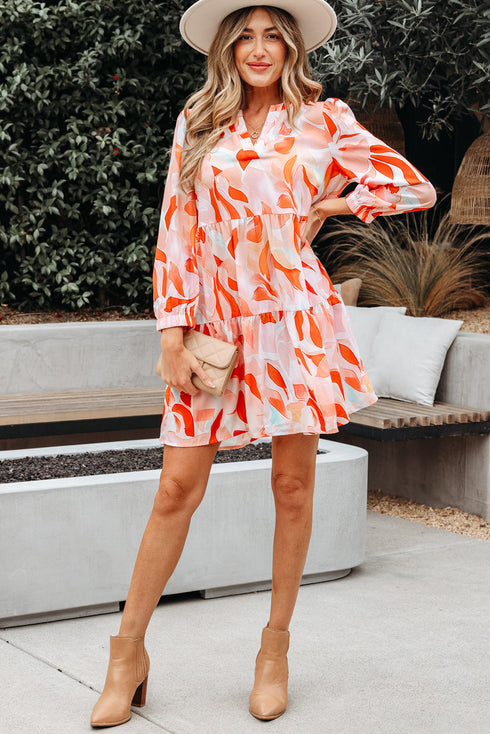 Abstract Print Split Neck Long Sleeve Mini Dress