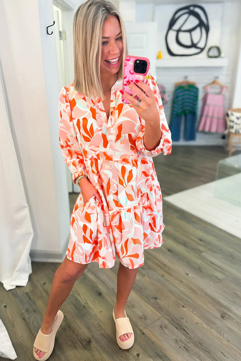 Abstract Print Split Neck Long Sleeve Mini Dress