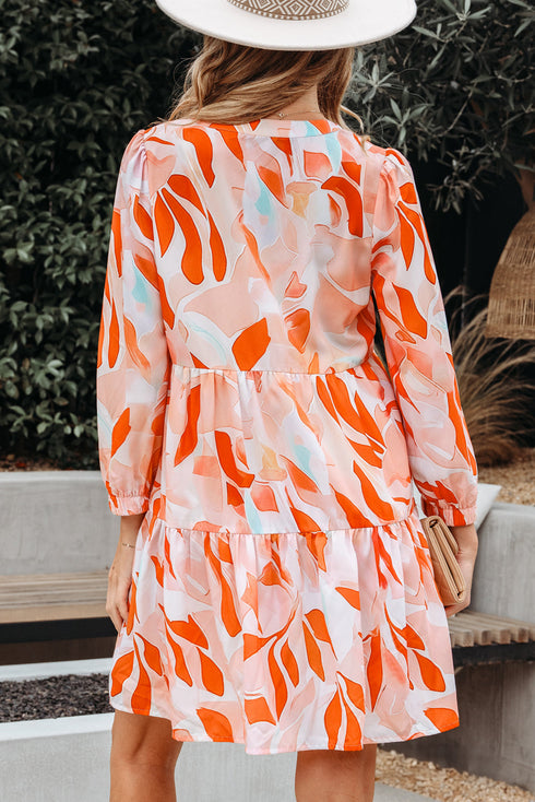 Abstract Print Split Neck Long Sleeve Mini Dress