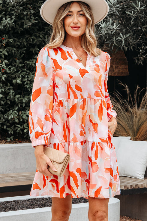 Abstract Print Split Neck Long Sleeve Mini Dress