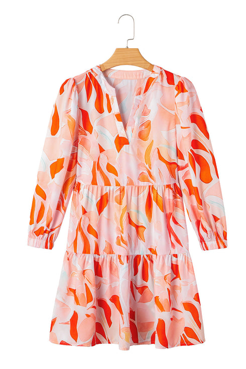 Abstract Print Split Neck Long Sleeve Mini Dress
