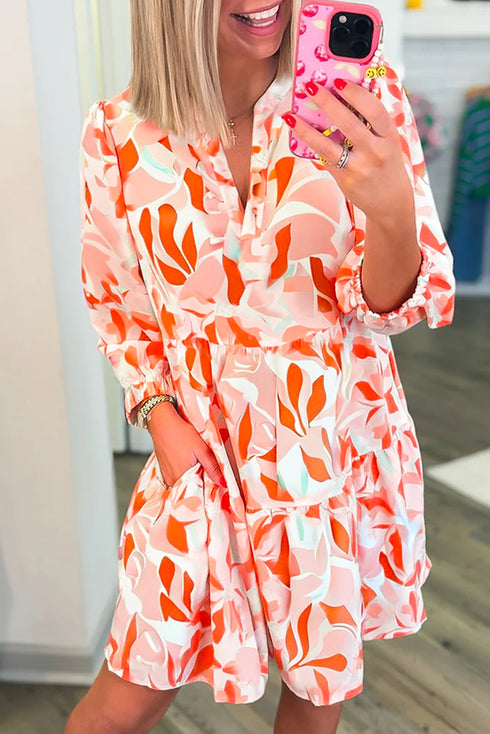 Abstract Print Split Neck Long Sleeve Mini Dress