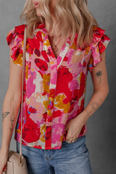Abstract Print Split Neck Ruffle Sleeve Viscose Blend Blouse