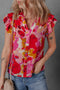 Abstract Print Split Neck Ruffle Sleeve Viscose Blend Blouse