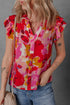 Abstract Print Split Neck Ruffle Sleeve Viscose Blend Blouse