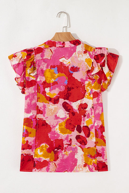 Abstract Print Split Neck Ruffle Sleeve Viscose Blend Blouse
