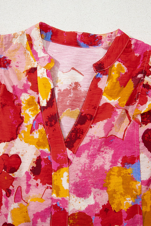 Abstract Print Split Neck Ruffle Sleeve Viscose Blend Blouse