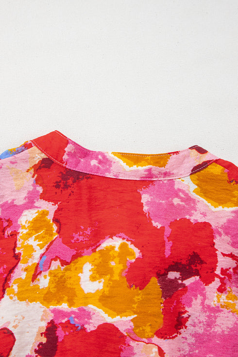 Abstract Print Split Neck Ruffle Sleeve Viscose Blend Blouse