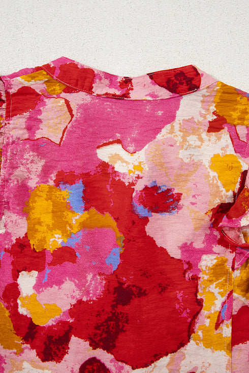 Abstract Print Split Neck Ruffle Sleeve Viscose Blend Blouse
