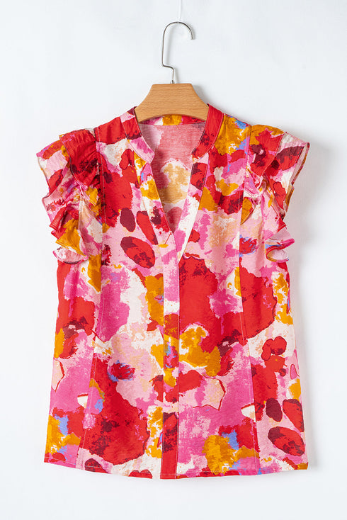Abstract Print Split Neck Ruffle Sleeve Viscose Blend Blouse
