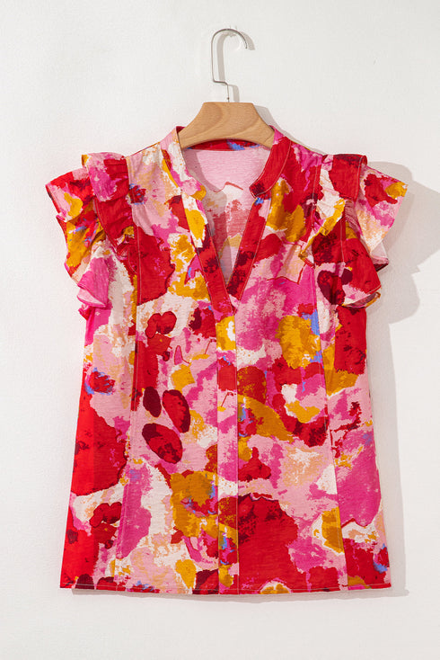 Abstract Print Split Neck Ruffle Sleeve Viscose Blend Blouse